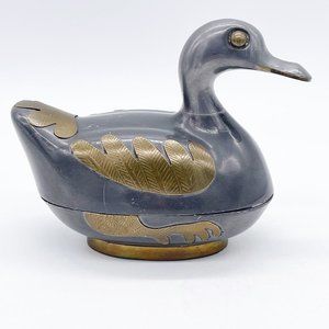VINTAGE PEWTER BRASS DUCK TRINKET BOX Figurine Sculpture Container Decor Signed